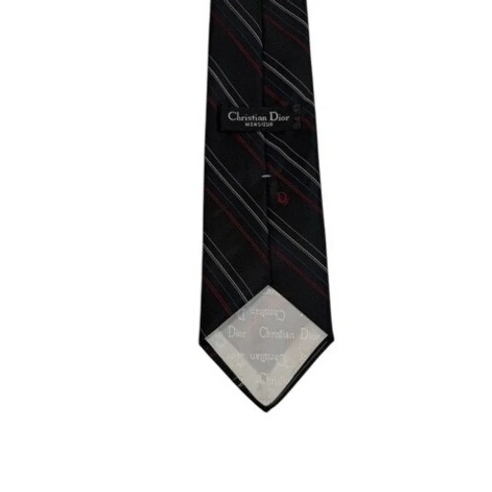 VTG Christian Dior Monsieur Tie Mens Black‎ Red Blue Stripe USA Logo Designer